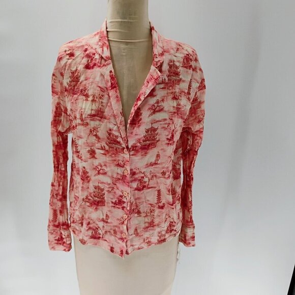 Zara lightweight Top Button Up 100% Cotton Long Sleeve Pink Japanese Print - Picture 9 of 12